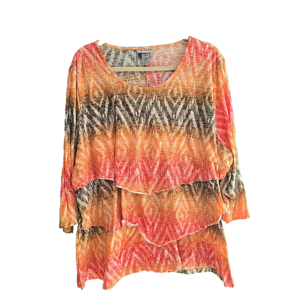 Catherines Orange Pink Ombre Chevron Layered‎ 3/4 Sleeve Top Womans Plus Size 3X